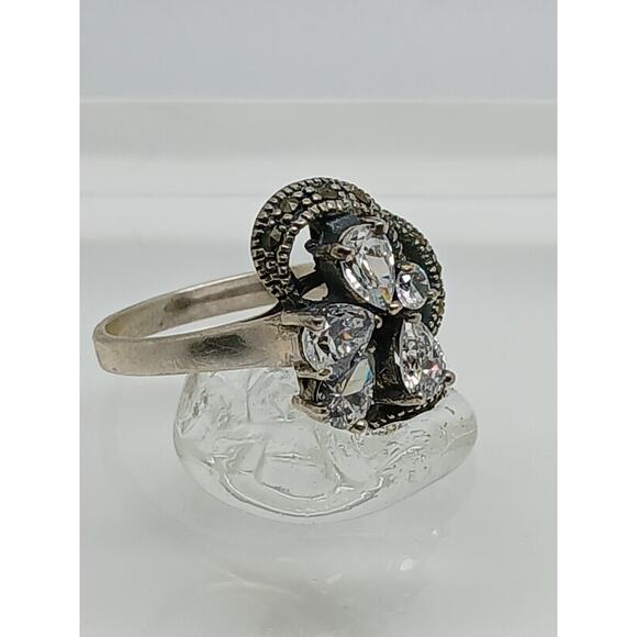1990's Vintage Antique-Style Marcasite Sterling Silver Diamond CZ Size Ring 8.5 - Picture 5 of 9